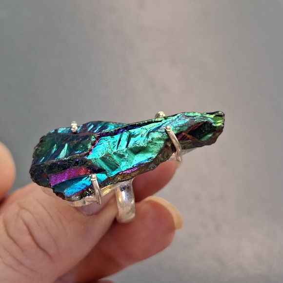 New Rainbow Titanium Crystal Quartz 925 Silver Statement Ring. - Picture 14 of 16